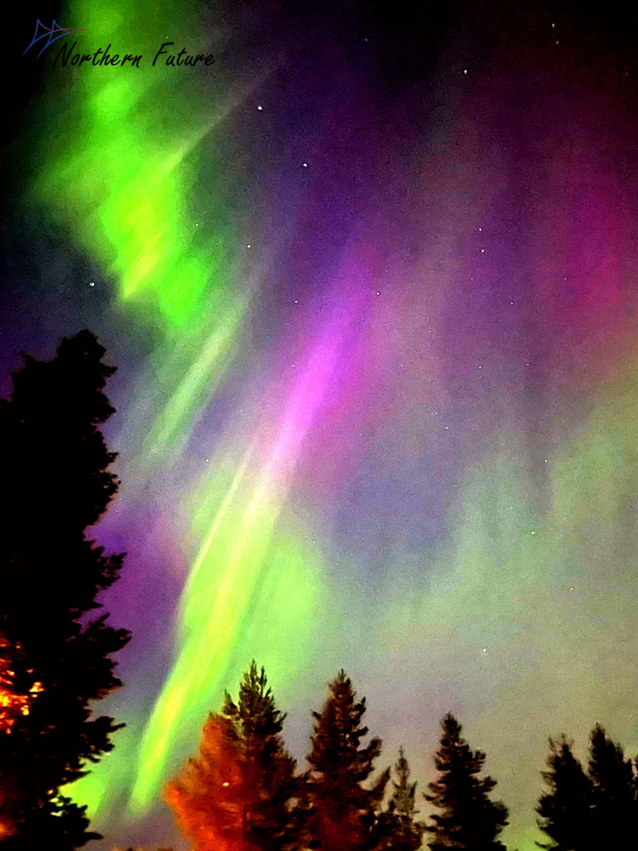 Green and purple northern lights in the sky. DMC Northern Future, Rovaniemi, Lapland, Finland