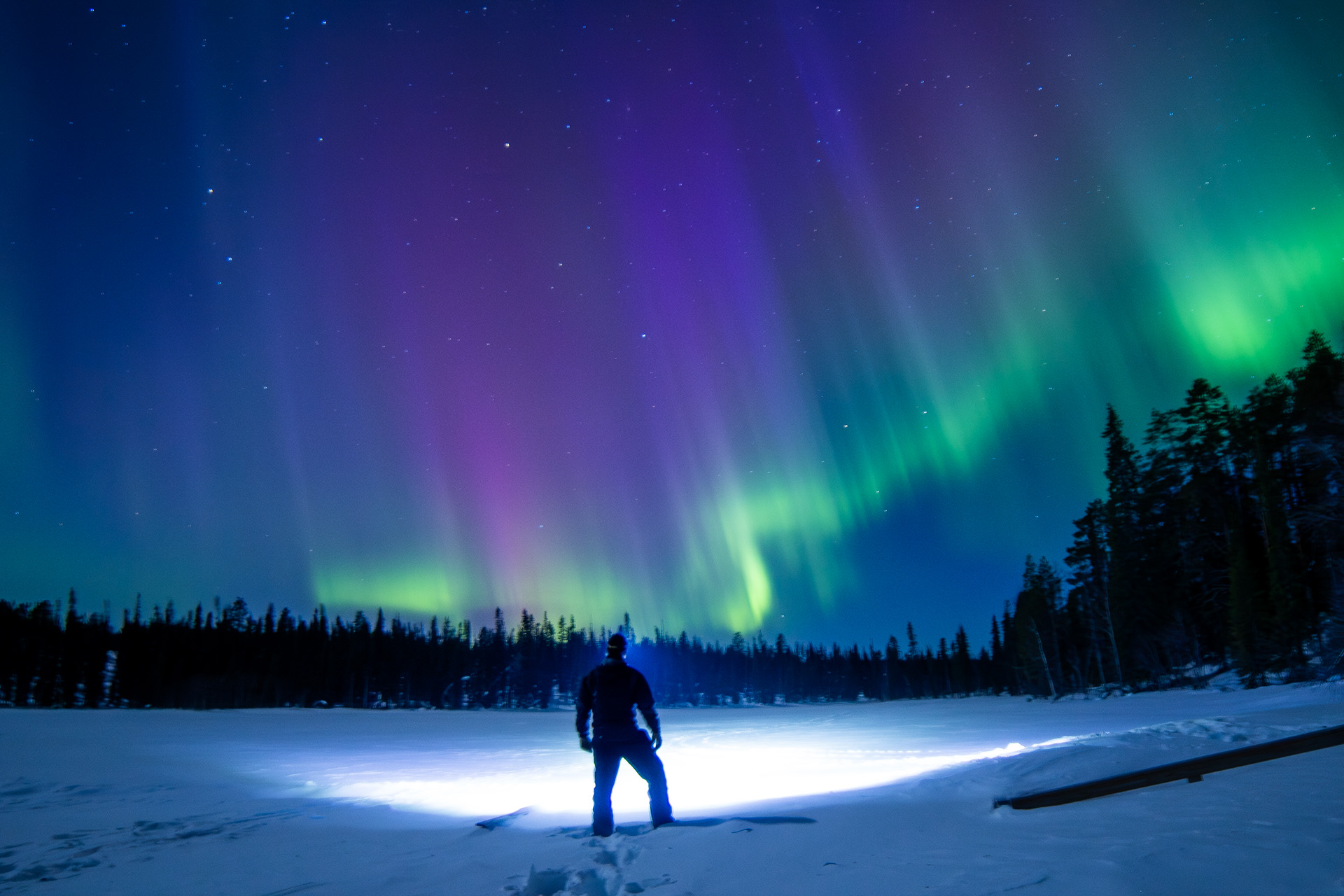 Person standing in snow watching northern lights in the sky