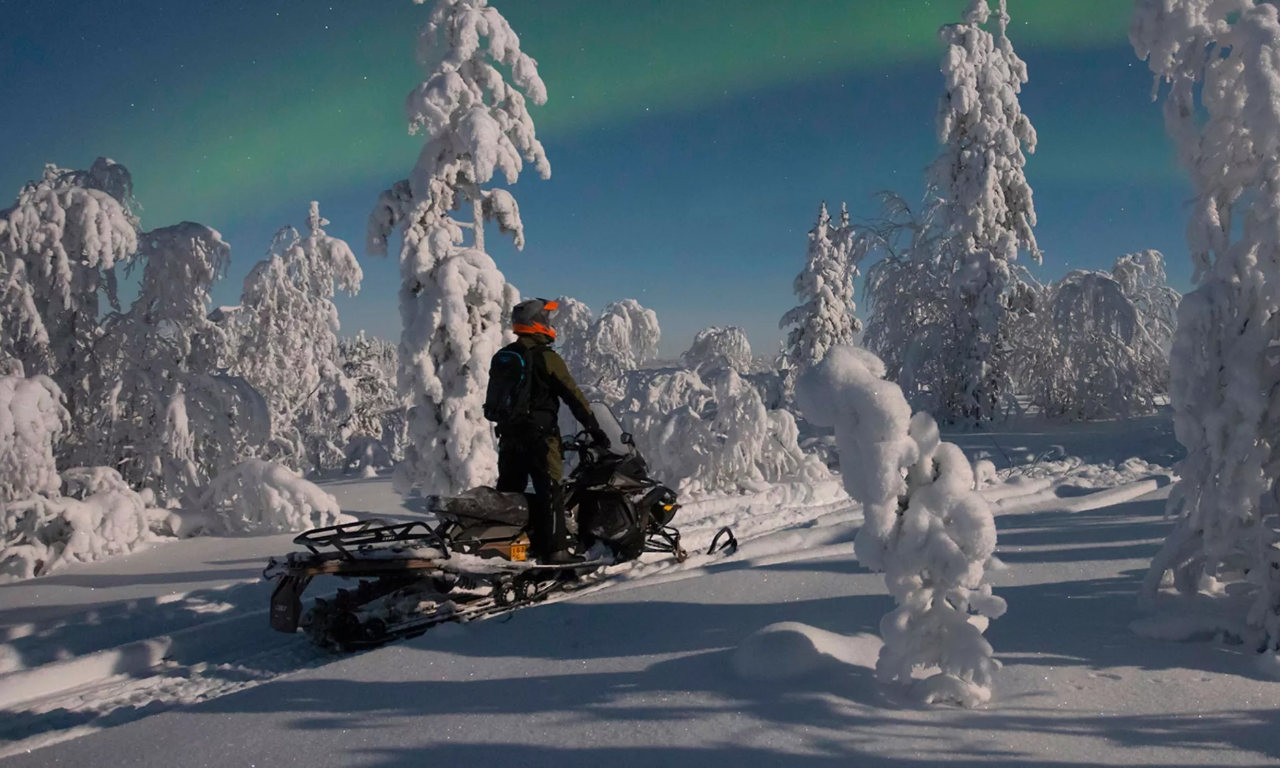 Snowmobiling under the northern lights in snow covered forest in Rovaniemi, Lapland, Finland, PolarMax Adventures